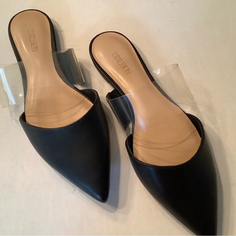 Expression Pointy-toe, Black Mules Flats with Transparent Strap. Sz 7.